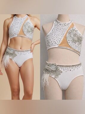 AA dance design costume solo white custom rhinestoned leotard LC-large child